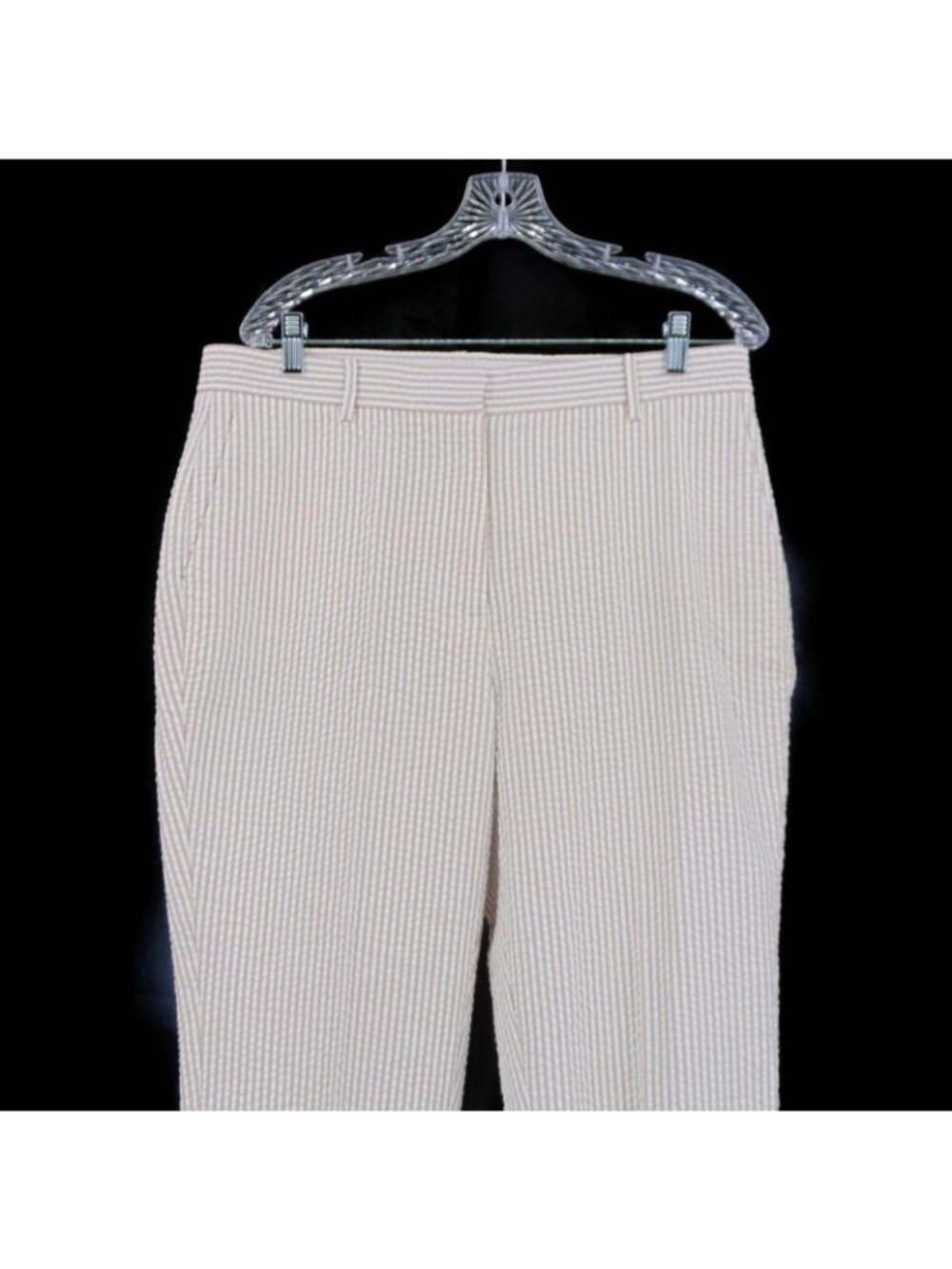 Orvis Womens Tan White Seersucker Pants Size 14 Cotton Flat Front Pockets Crop - Picture 11 of 16